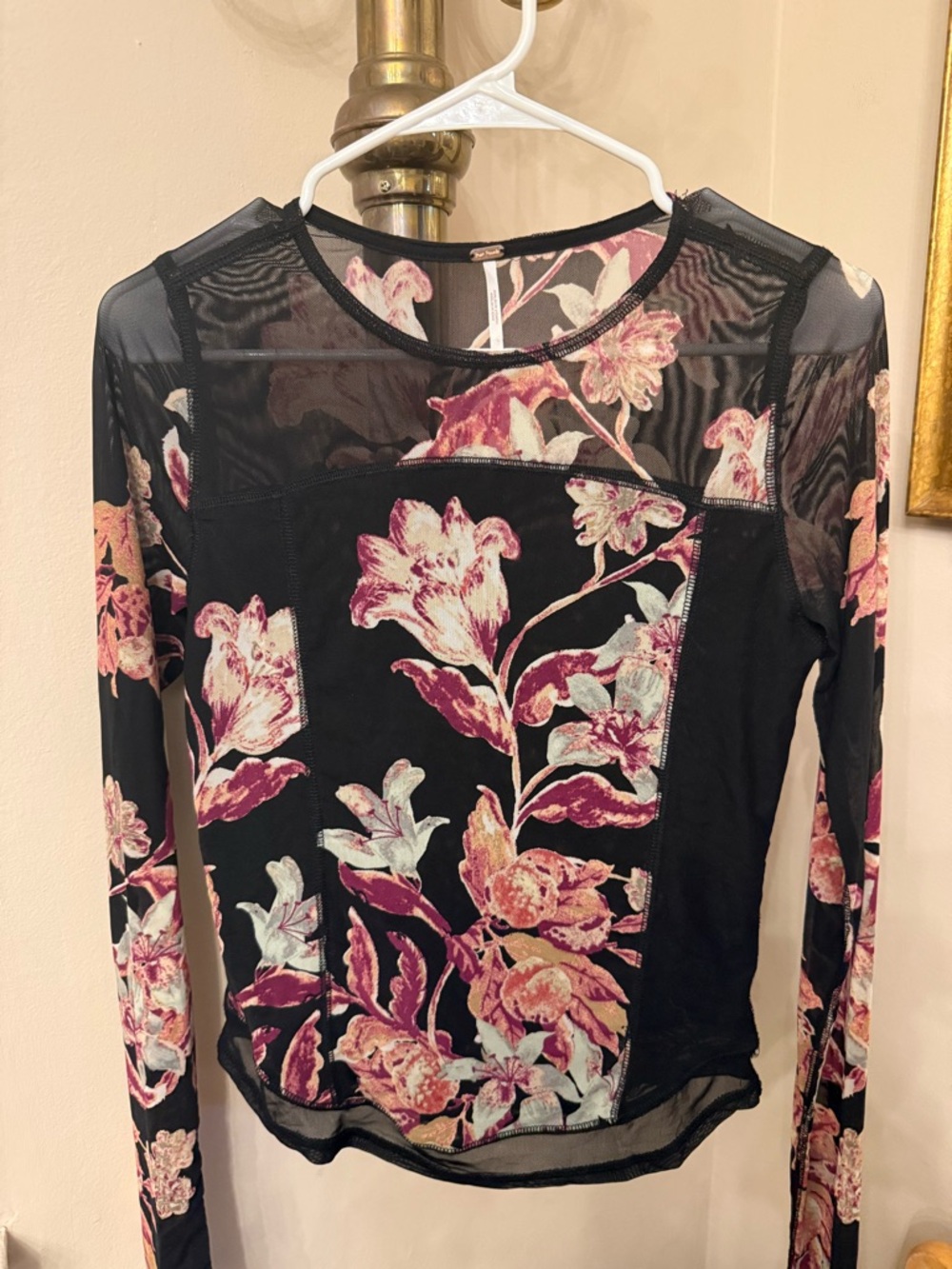 Free People Betty’s Garden Mesh Long-Sleeve Top - Black with Pink Floral Print